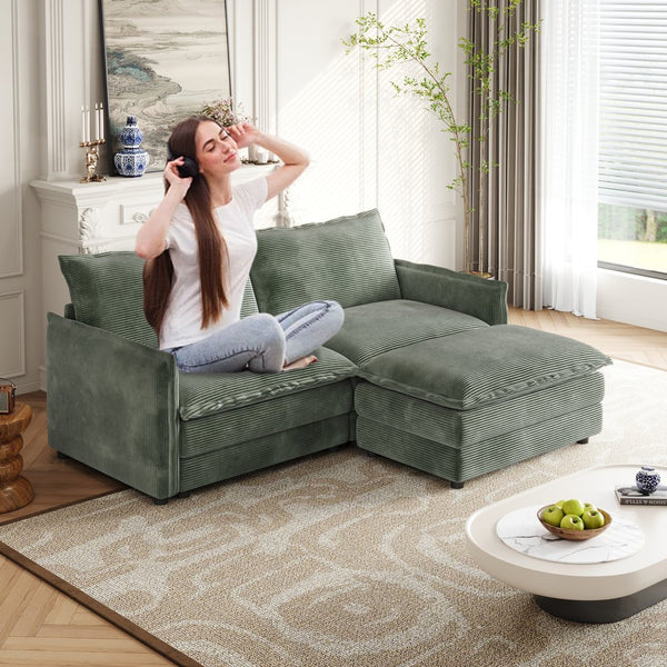 English Elm Corduroy L-Shaped 2-Seater Sectional Sofa Couch With Ottoman & Cushions For Cozy Living Spaces W834S00418