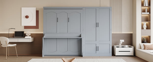 English Elm Queen Murphy Bed with Wardrobe Cabinet Hydraulic Lift Mdf Space Saving Wall Unit Gray LP000581AAE