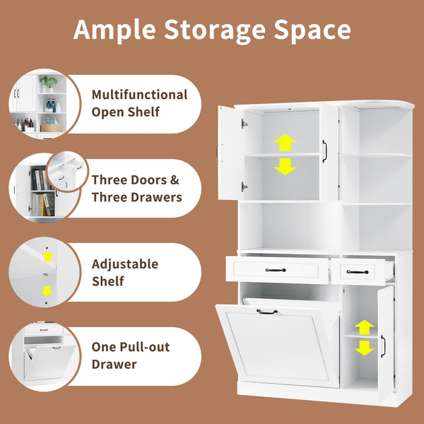 English Elm Tall Freestanding Organizer Cabinet with Tilt-Out Hamper, 2 Drawers, Adjustable Shelves, Modern White MDF Storage N725S352451K