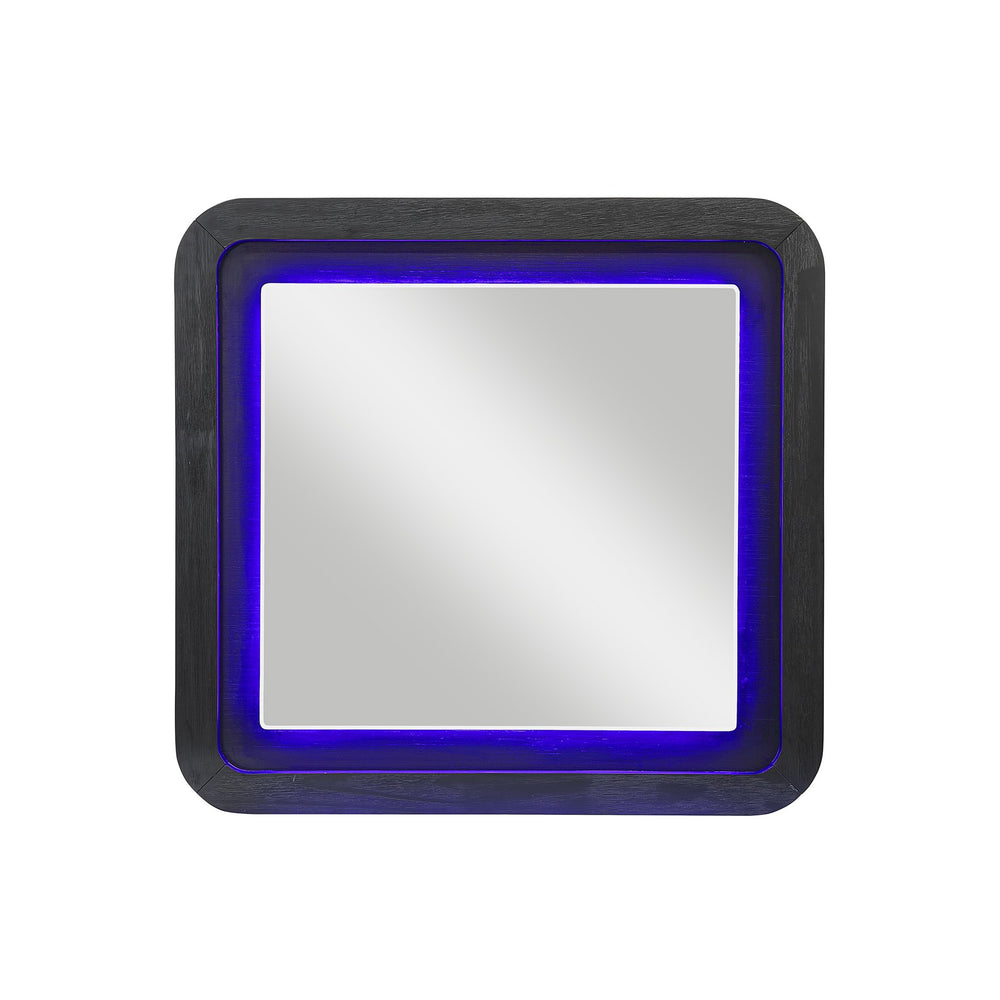 English Elm Beverly Large Black-White Dresser Mirror with Sleek Rounded MDF Frame and Attached Glass Accent Trim B201P391776