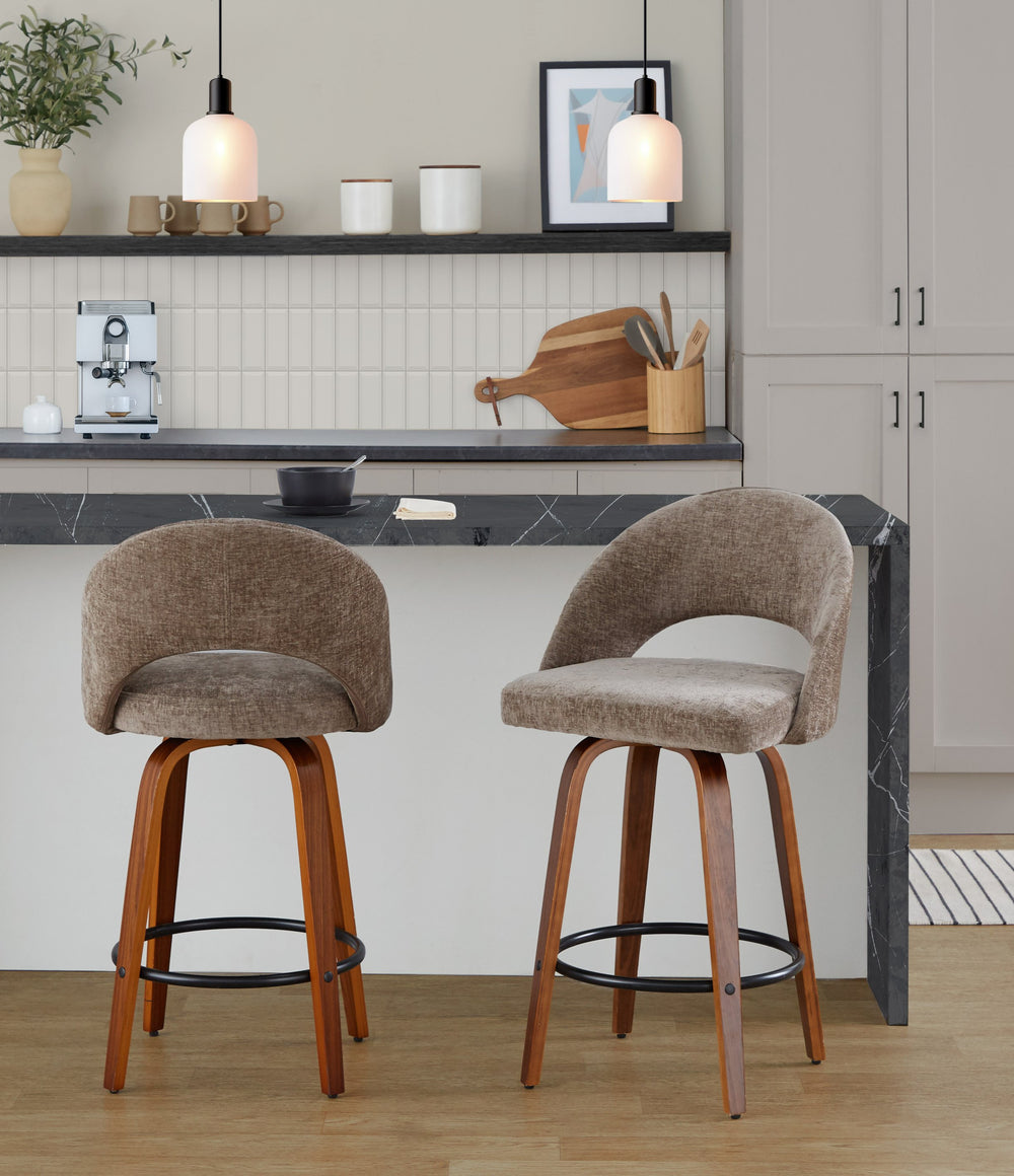 English Elm Fixed-height Walnut Wood Counter Stools with Fabric Seats Mid-century Modern Set of 2 B202S02152