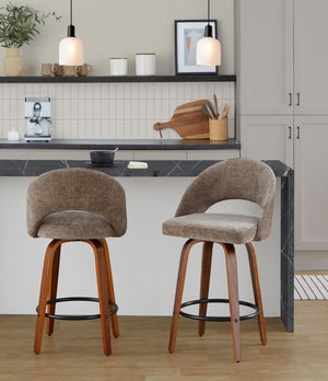 English Elm Fixed-height Walnut Wood Counter Stools with Fabric Seats Mid-century Modern Set of 2 B202S02152