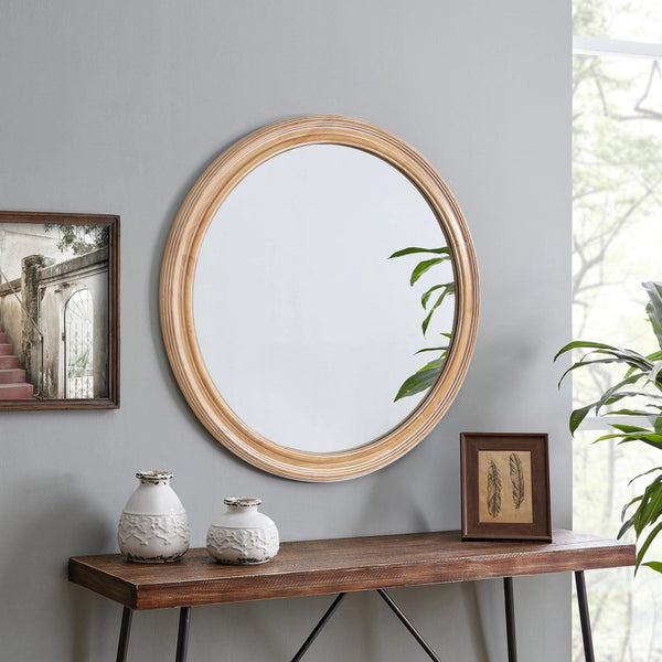 English Elm 27.5-Inch Round Wall Mirror – Rustic Farmhouse Decor With Distressed Whitewash Frame For Any Room W2295P339108