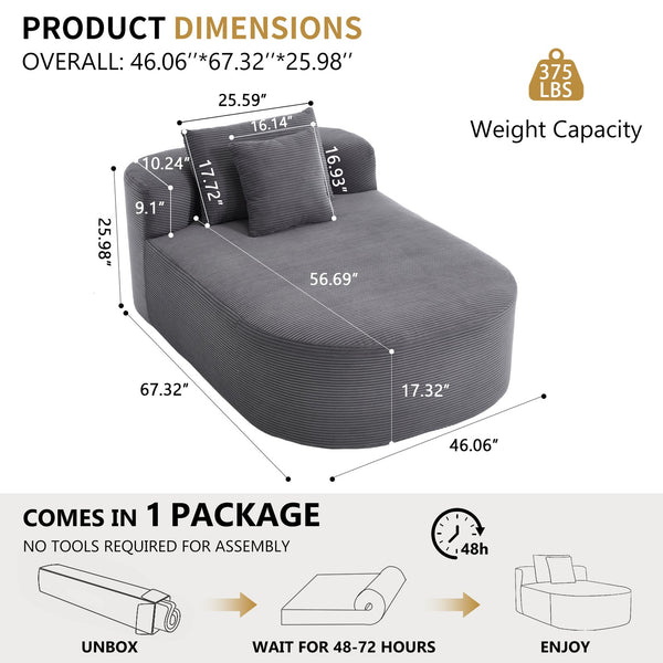 English Elm 67.5''chaise Lounge Oversized Corduroy Sleeper Sofa with Deep Seat and Two Pillows Dark Grey W1803P409165