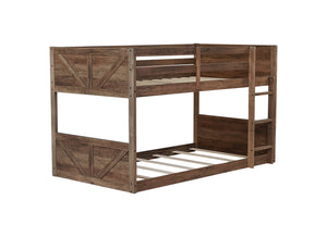 English Elm Twin Twin over Twin Floor Bunk Bed with Rustic Panel Headboards, Solid Rubberwood Frame, Space-Saving Design Antique Dark Oak W504P263818