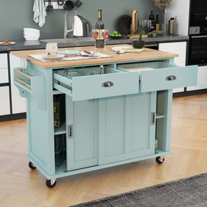 English Elm Kitchen Cart with Drop-Leaf Rubberwood Countertop, Sliding Barn Door, Locking Wheels & Storage Space Mint Green SK000001AAE