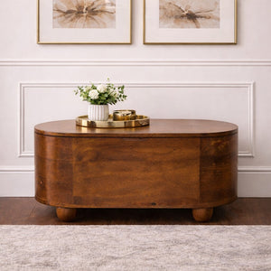 English Elm Solid Mango Wood Storage Box Chestnut Finish Rounded Trunk for Living Room or Entryway B182P476736