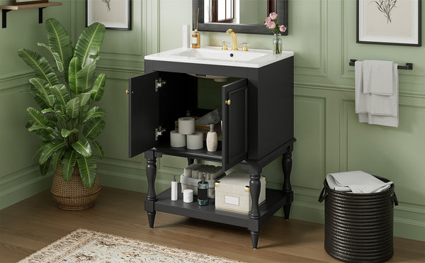 English Elm 24'' French Style Bathroom Vanity with Ceramic Sink Soft Close Cabinet and Drawer Black N710P411341B