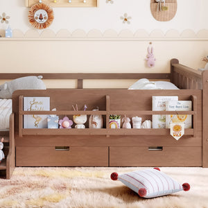 English Elm Twin Kids Platform Bed with Trundle Staircase Bookshelf and Rounded Safety Rails Natural W1580S00540