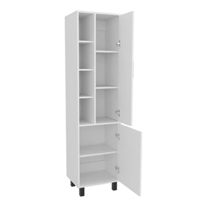 English Elm White Linen Cabinet with Chic Open Display, Dual Concealed Doors & Metal Legs for Modern Storage B062P323178