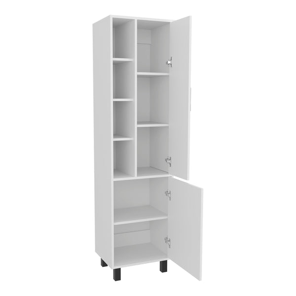 English Elm White Linen Cabinet with Chic Open Display, Dual Concealed Doors & Metal Legs for Modern Storage B062P323178