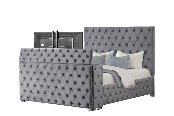 English Elm Encore Modern Queen Bed With Tufted Headboard And Hidden Tv Compartment In Stylish Gray Upholstery B009S01679