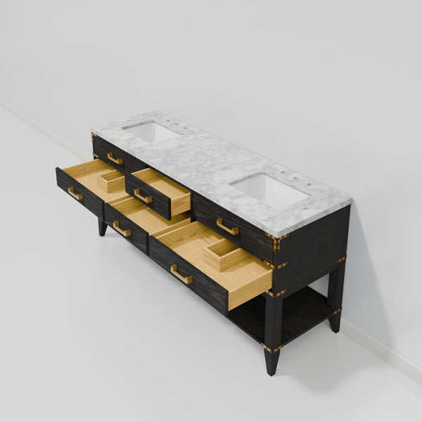 English Elm Black Oak Double Bath Vanity With Carrara Marble Top – Elegant Design, Spacious Storage & Soft-Close Drawers B2731P261045
