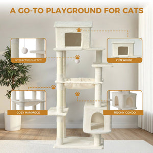 English Elm Beige Plush Multi-cat Tower with Sisal Posts Hammock and Enclosed Hideaway 64in Beige W243P326764