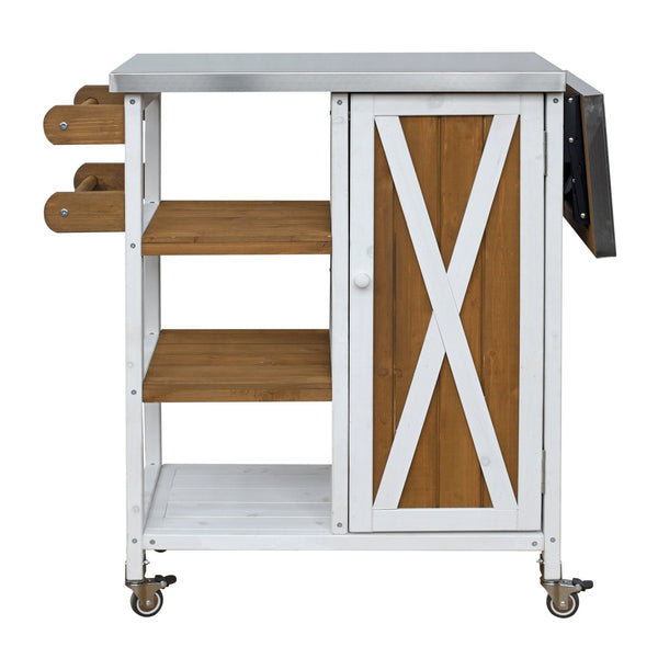 English Elm Foldable Outdoor Kitchen Cart with Stainless Worktop Fir Wood Frame and Lockable Wheels Brown+White N719P380281Z