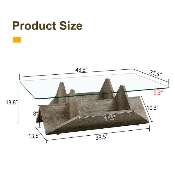 English Elm Tempered Glass Top Coffee Table with Carved Wood Grain Mdf Base and Open Storage W3875P387030