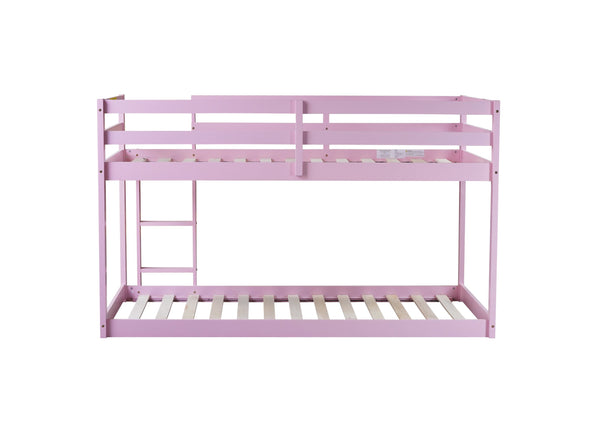 English Elm Solid Twin over Twin Floor Bunk Bed Pink – Solid Rubberwood Low-Height Platform with Ladder, Sturdy Slats, 200lb Capacity and Versatile Under-Bed Space for Kids Rooms (46.6"H x 77.3"L) W504P208048