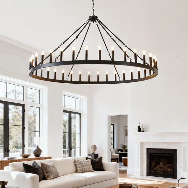 English Elm 63.8 Inch 36-light Wagon Wheel Chandelier Matte Black Farmhouse Fixture for High Ceilings W5008P388929