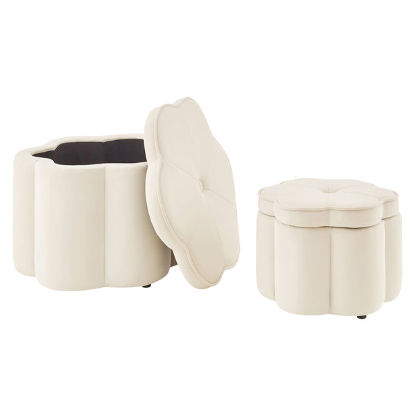 English Elm Set of 2 Flower Petal Velvet Storage Ottomans Sculptural Nesting Seating for Living Room Cream W2186P440352