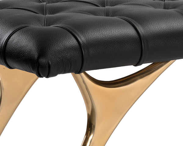 Sunpan Taylen Bench - Elegant Sculptural Design with Gold Aluminum Base and Genuine Leather Tufted Seat Black Leather