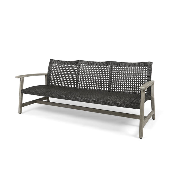 English Elm Christopher Knight Home® - Outdoor Acacia Wood Wicker 3 Seater Sofa with Iron Accents, Weather-Resistant Patio Conversation Set Grey 60395.00WTCLMBLK
