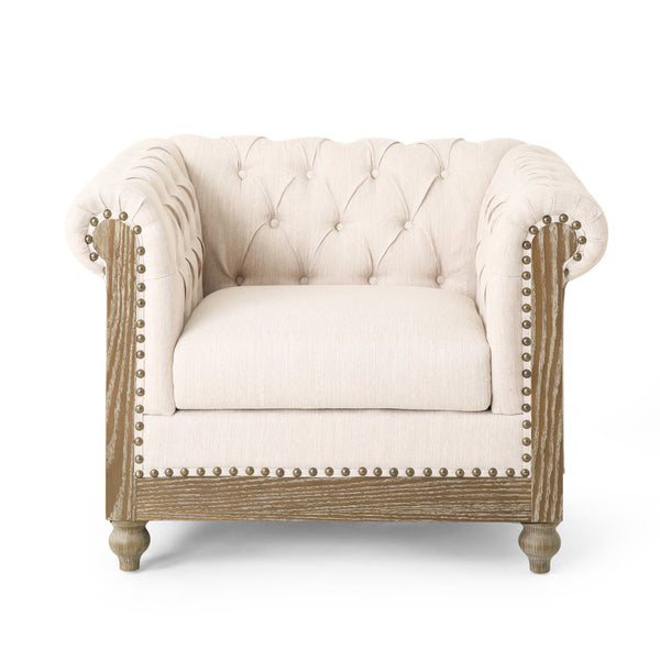 English Elm Christopher Knight Home® - CLUB Club Chair Chesterfield-Inspired Tufted PU Upholstery with Nailhead Trim, Scrolled Arms, Turned Legs Beige 39.25 L x 34.25 W x 25 H 72069.00FBGE