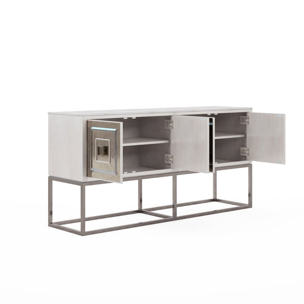 A.R.T. Furniture Mezzanine Accent/Media Console - Dove Gray With Honed Travertine Top & Mirrored Doors For Stylish Storage Light Gray Parawood And Poplar Solids,Maple Veneer,Mirror,Travertine,Steel 325334-2249
