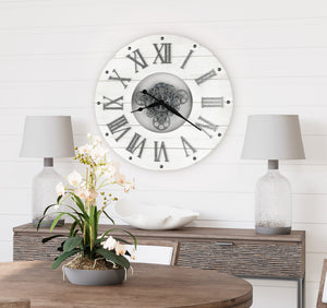 Hekman Furniture 625765 Sky Oversized Wall Clock – Stunning Antique White Design With Floating Gears & Roman Numerals  Sky Oversized Gallery Wall Clock 625765