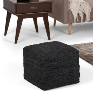 English Elm Fredrik Square Pouf - Stylish Black Buffalo Leather Accent Seat For Comfort & Versatile Use B136P159285