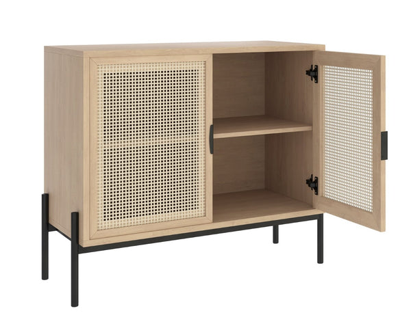 Sunpan AVIDA Handcrafted Compact Sideboard - Black Rustic Oak & Natural Rattan for Modern Storage Solutions 110947