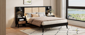 English Elm Queen Solid Wood Bed Frame With 2 Nightstands, Rattan Accents, Built-In Lamps For Cozy Bedrooms N820S00019AAB-GIGA