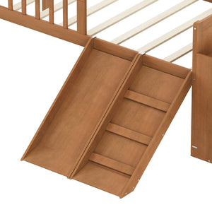 English Elm Twin Platform Kids Bed with Slide Ladder Guardrails Storage Shelf Wood Frame Walnut N733S415411M