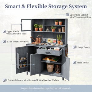 English Elm (with Hutch) Topamx Solid Fir Potting Bench Patio Workstation Spice Rack Drawer Gray N717P404330E