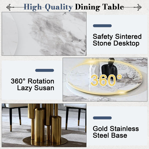 English Elm 59" Round Sintered Stone Dining Table with Lazy Susan Seats 6 Modern Minimalist W2699S00098