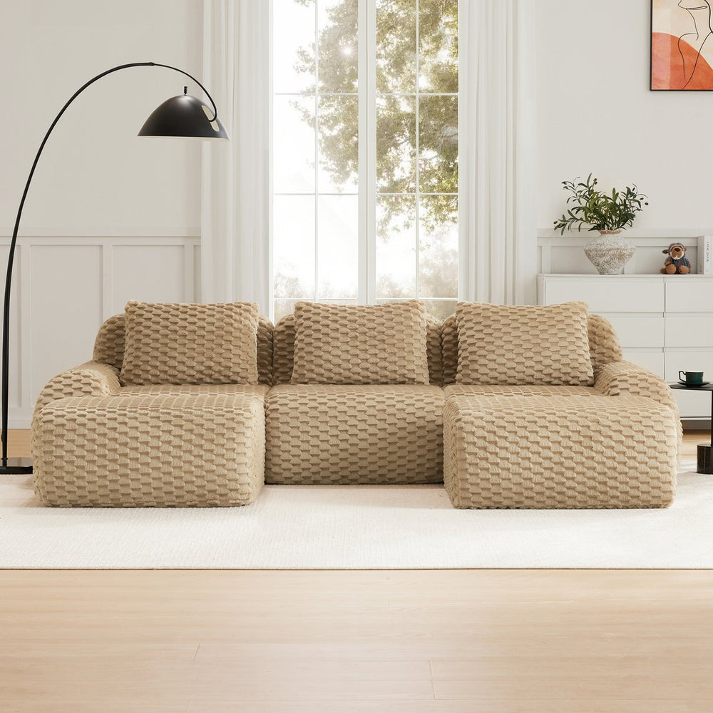 English Elm 114" U-shaped Modular Sectional Flannelette Sofa Oversized Lounge with Movable Ottoman Light Camel W714S01513