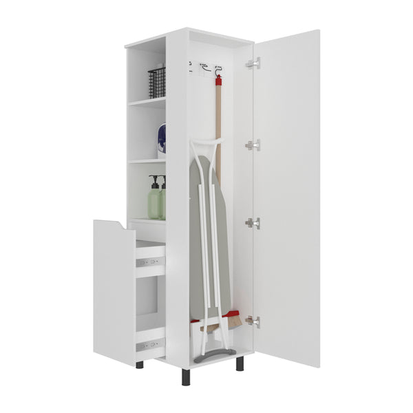 English Elm Aleneva Slim White Broom Cabinet with Open Shelves and Drawer for Utility Rooms B097S00269