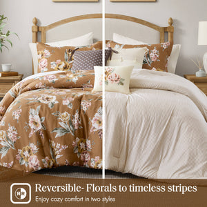 English Elm 7-piece King Reversible Floral Comforter Set Earthy Cotton Blend Bohemian Bedroom B035P440210