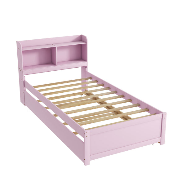 English Elm Twin Pink Trundle Bed with Bookcase Headboard — Space-Saving Twin Bed for Small Rooms, Storage Friendly W504P317860