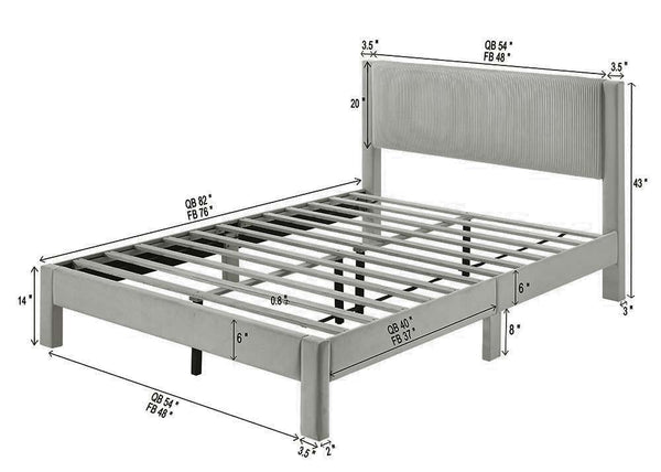 English Elm 1pc Plush Upholstered Headboard Queen Bed with Ribbed Texture, Low-Profile Frame and Sleek Modern Design LIGHT GREY 60.6 L x 21.3 W x 6.9 H B2741P322602