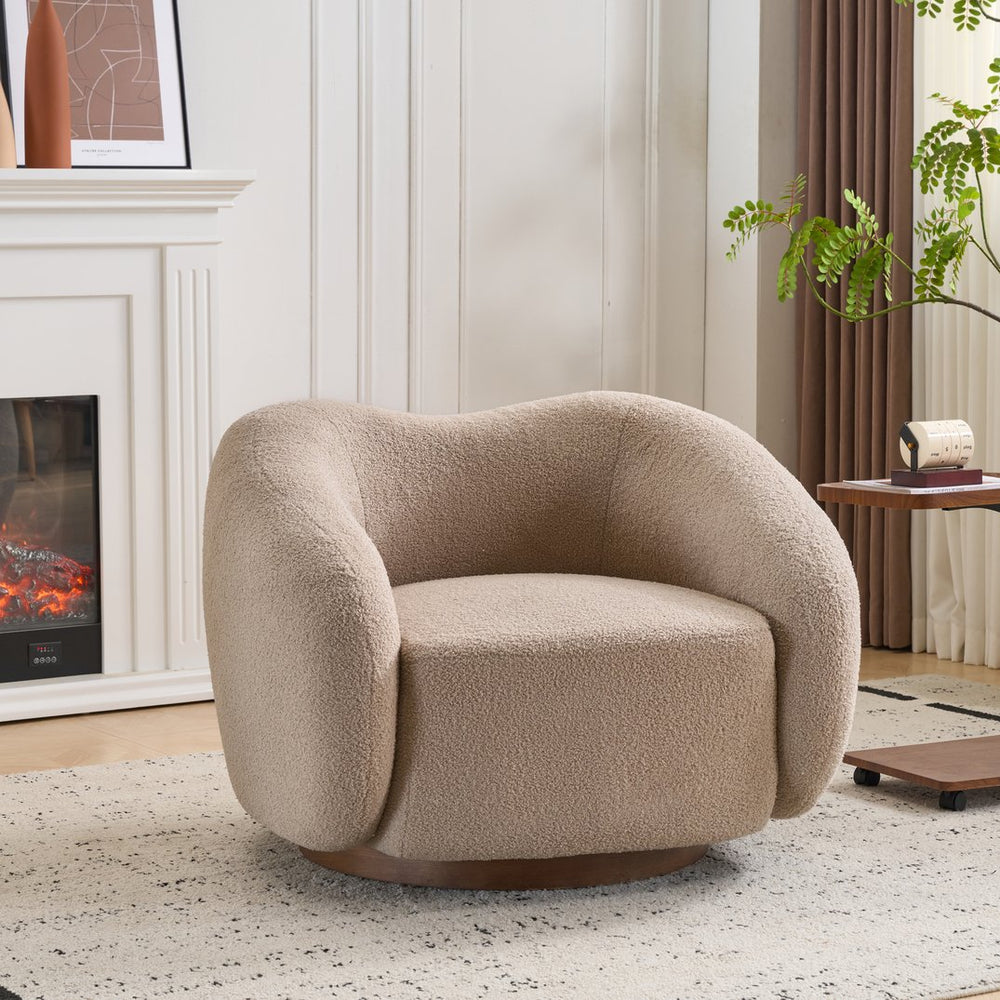 English Elm Wooden Bentwood Base Bouclé Barrel Swivel Chair for Living Room Reading Nook N776P359106B