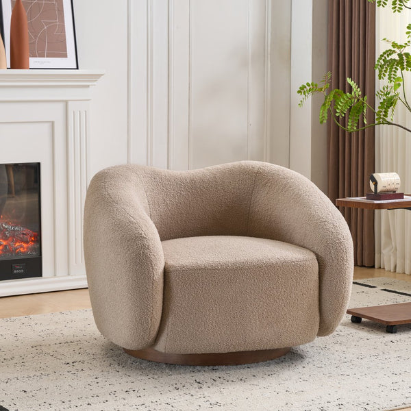 English Elm Wooden Bentwood Base Bouclé Barrel Swivel Chair for Living Room Reading Nook N776P359106B