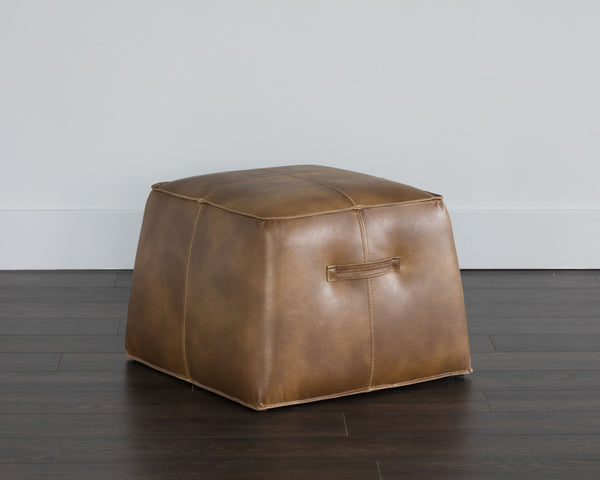 Sunpan Aspen Ottoman - Stylish Faux Leather Cube with Decorative Handle for Modern Spaces, 21" Square Tobacco Tan