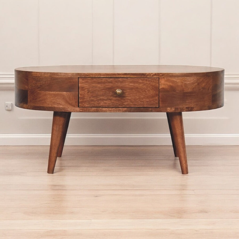 English Elm Solid Wood Honey Caramel Coffee Table With 2 Drawers, Nordic Legs - Modern Mid-Century Charm B182P279213-GIGA