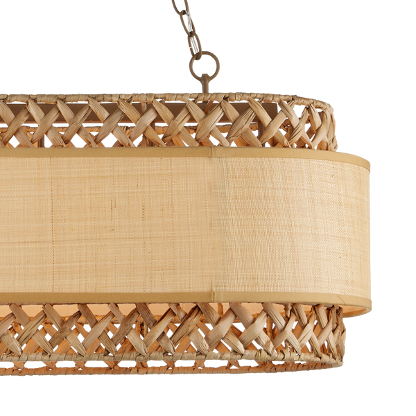 Isola Chandelier - Contemporary Khaki Wrought Iron Light with Natural Water Hyacinth & Grasscloth