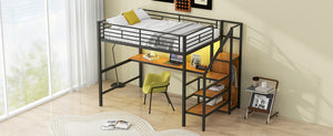 English Elm Full Size Metal Loft Bed With Desk, Storage Steps, Wardrobe, Led Light - Perfect For Small Spaces! GX000620AAB-1