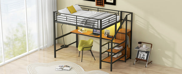 English Elm Full Size Metal Loft Bed With Desk, Storage Steps, Wardrobe, Led Light - Perfect For Small Spaces! GX000620AAB-1