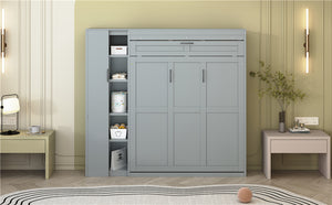 English Elm Full Size Murphy Bed with Open Shelving Wardrobe and Led Lighting for Studio Spaces Gray LP000898AAE