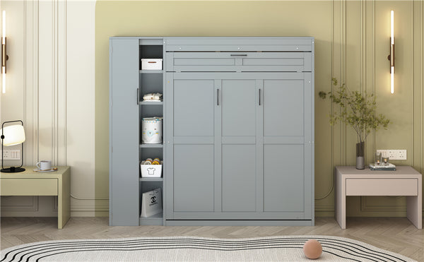 English Elm Full Size Murphy Bed with Open Shelving Wardrobe and Led Lighting for Studio Spaces Gray LP000898AAE