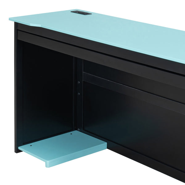 English Elm Full Size Wood Platform Daybed with Trundle Desk Rgb Led Lighting Gaming Bedroom Black+Blue LT000284AAC