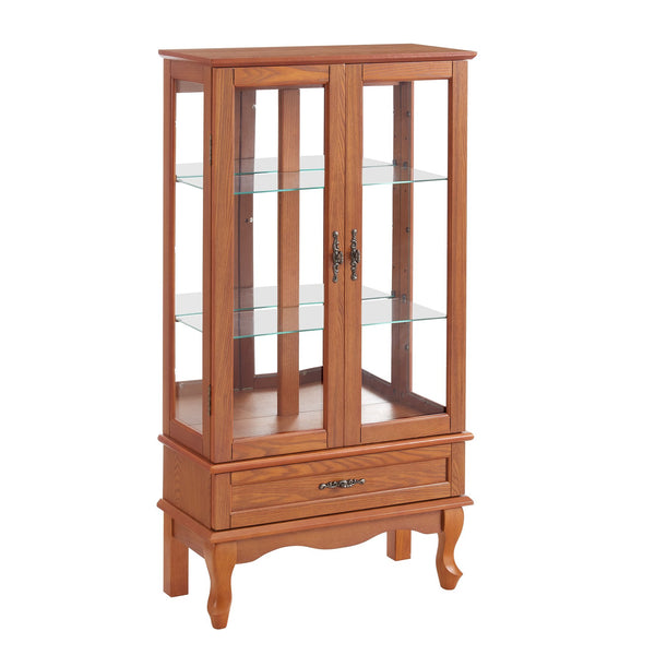 English Elm Lighted Curio Cabinet With Adjustable Shelves, Illuminated Display, 2 Doors & Drawer, Oak Finish W2275P178824